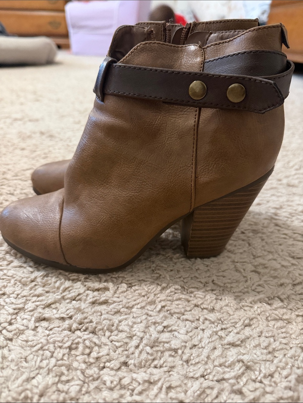 Breckelles Tan Brown Ankle Bootie with Stacked Heel